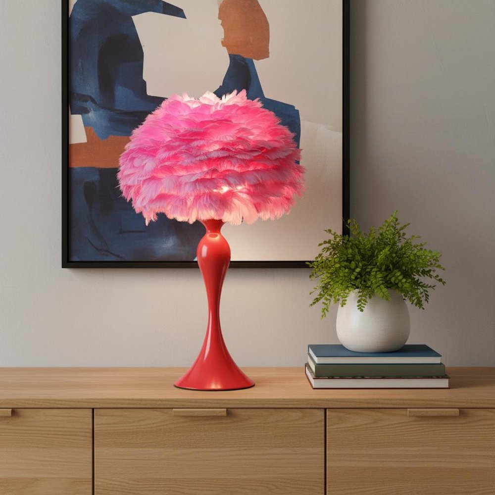 24" Glam Hot Pink Feather and Red Table Lamp HomeRoots