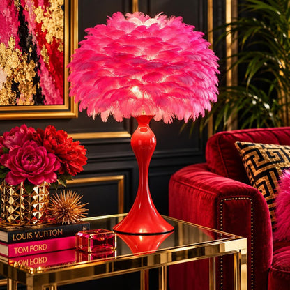 24" Glam Hot Pink Feather and Red Table Lamp