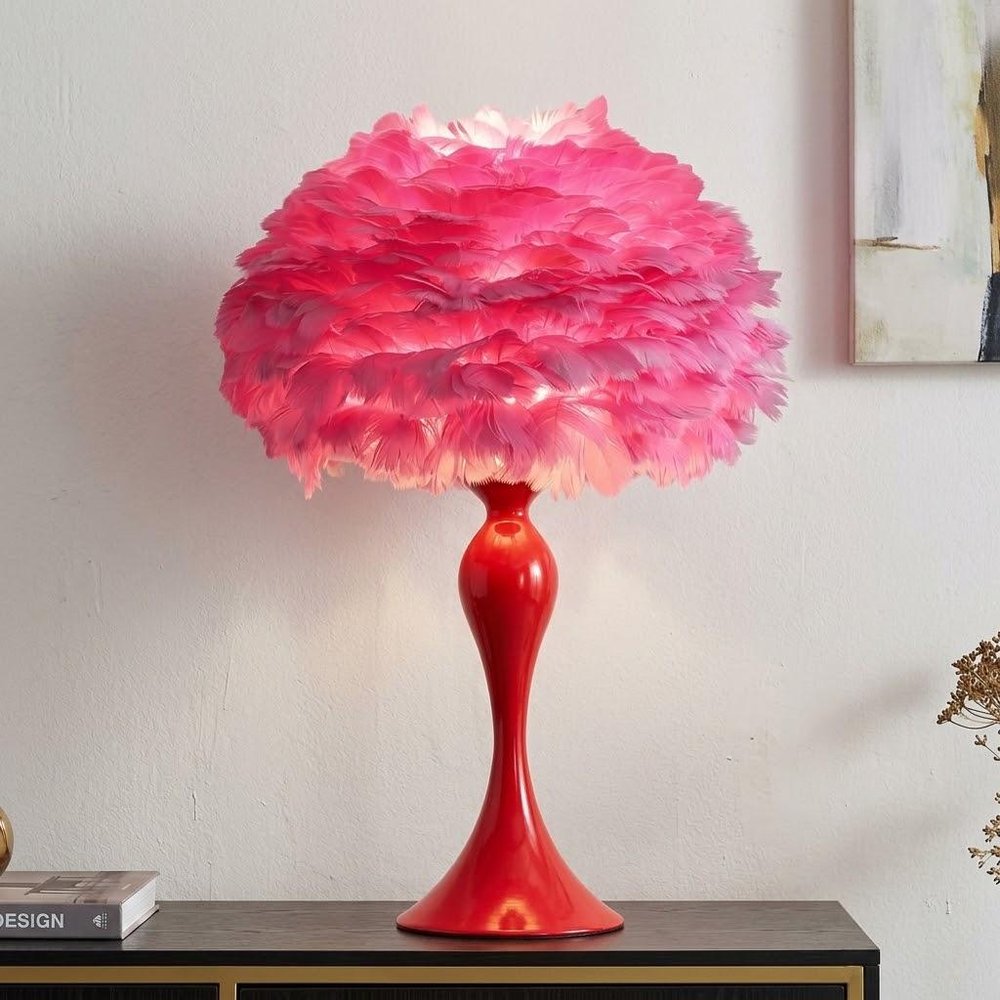 24" Glam Hot Pink Feather and Red Table Lamp — view 7