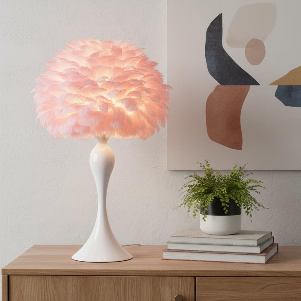 24" Glam Hot Pink Feather and Red Table Lamp HomeRoots