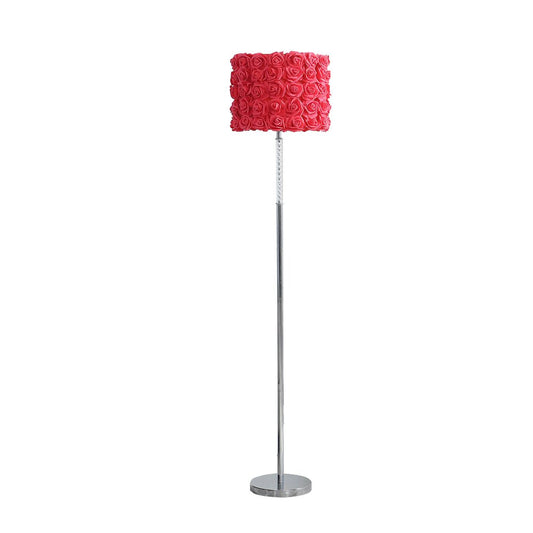 63" Steel and Acrylic Floor Lamp With Red Flowers Fabric Drum Shade HomeRoots