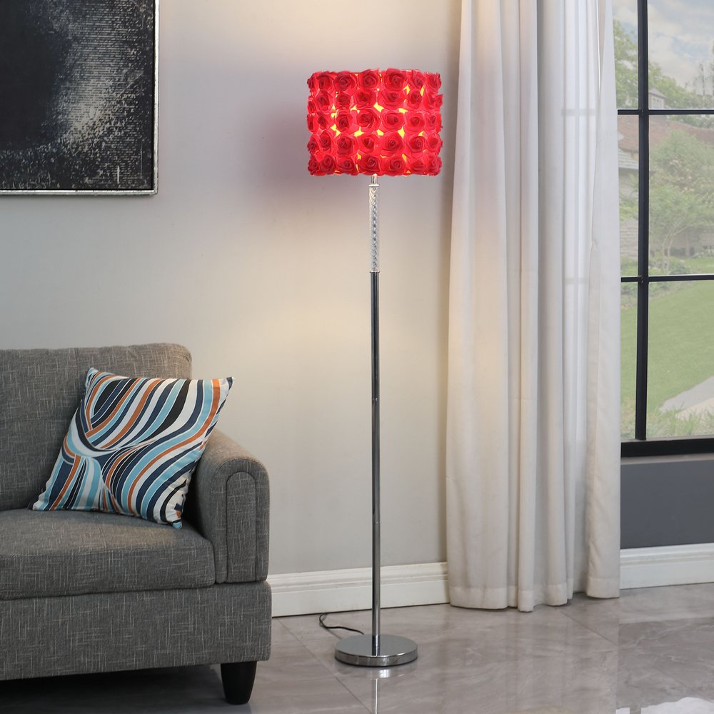 63" Steel and Acrylic Floor Lamp With Red Flowers Fabric Drum Shade HomeRoots
