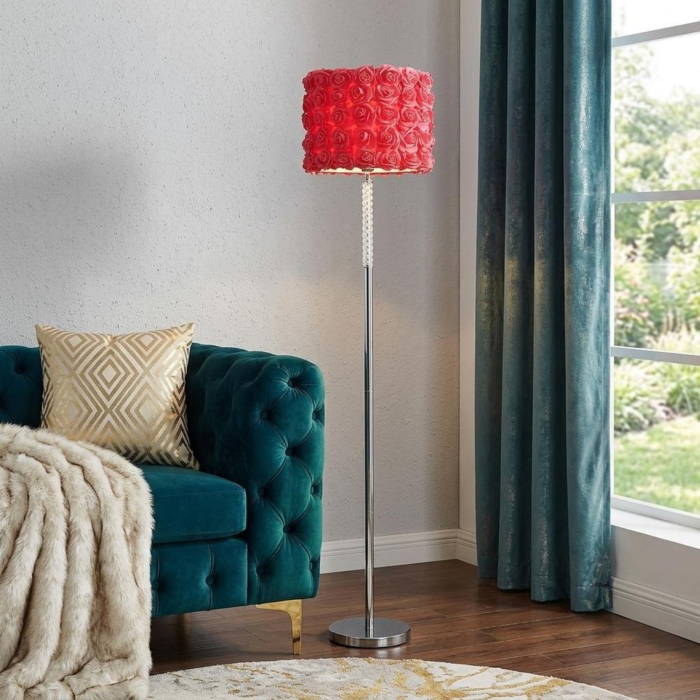 63" Steel and Acrylic Floor Lamp With Red Flowers Fabric Drum Shade HomeRoots