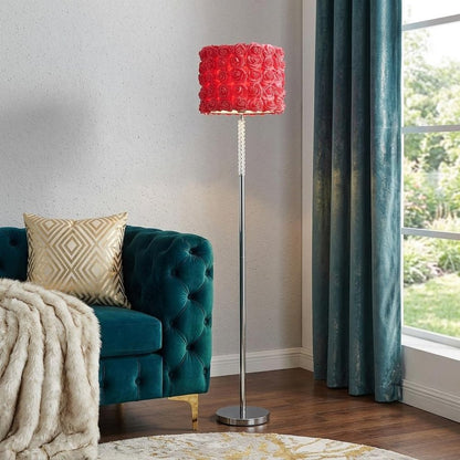 63" Steel and Acrylic Floor Lamp With Red Flowers Fabric Drum Shade HomeRoots