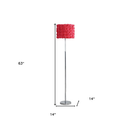 63" Steel and Acrylic Floor Lamp With Red Flowers Fabric Drum Shade