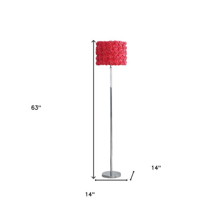 63" Steel and Acrylic Floor Lamp With Red Flowers Fabric Drum Shade HomeRoots