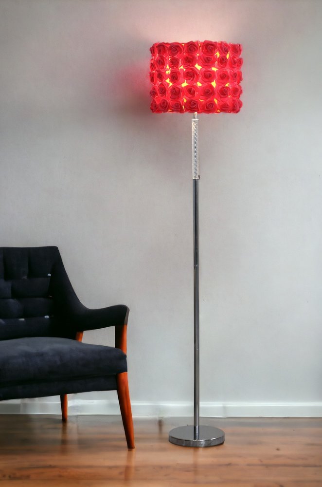 63" Steel and Acrylic Floor Lamp With Red Flowers Fabric Drum Shade HomeRoots