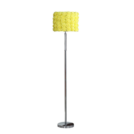 63" Steel and Acrylic Floor Lamp With Purple Flowers Fabric Drum Shade HomeRoots