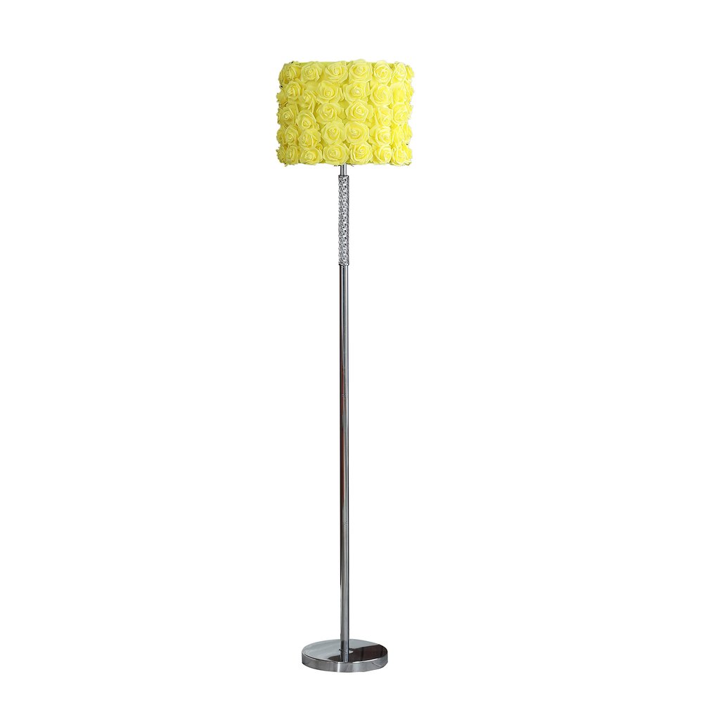 63" Steel and Acrylic Floor Lamp With Yellow Flowers Fabric Drum Shade HomeRoots