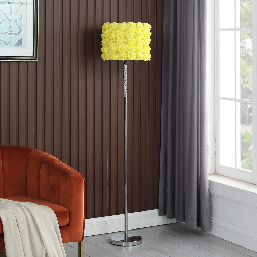 63" Steel and Acrylic Floor Lamp With Yellow Flowers Fabric Drum Shade HomeRoots