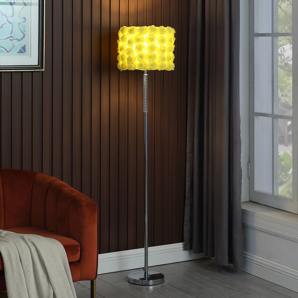 63" Steel and Acrylic Floor Lamp With Yellow Flowers Fabric Drum Shade HomeRoots
