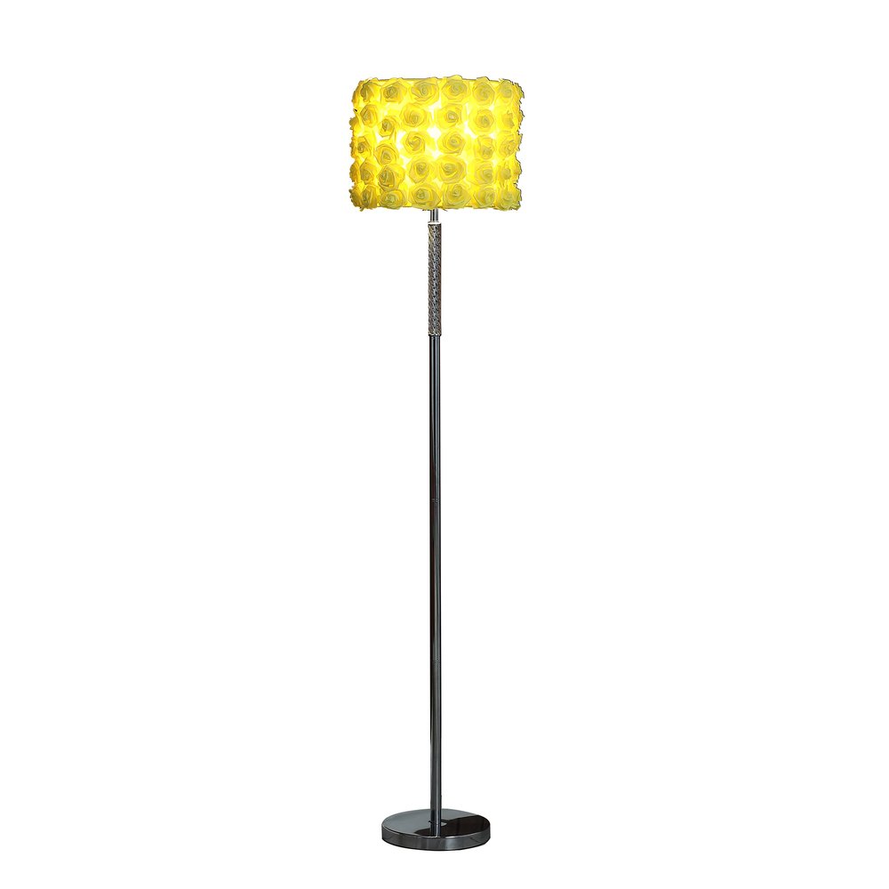 63" Steel and Acrylic Floor Lamp With Yellow Flowers Fabric Drum Shade HomeRoots