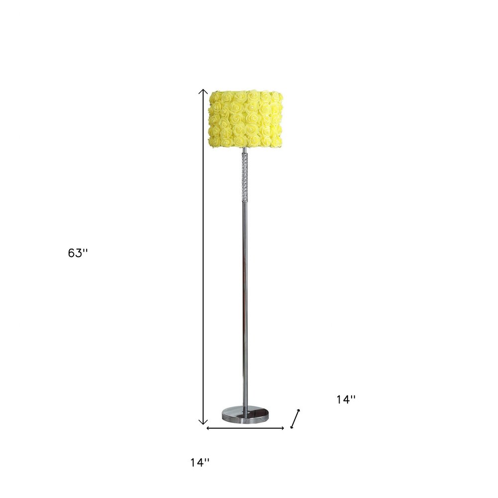 63" Steel and Acrylic Floor Lamp With Yellow Flowers Fabric Drum Shade — view 3