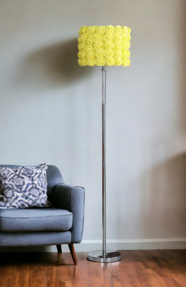 63" Steel and Acrylic Floor Lamp With Yellow Flowers Fabric Drum Shade HomeRoots