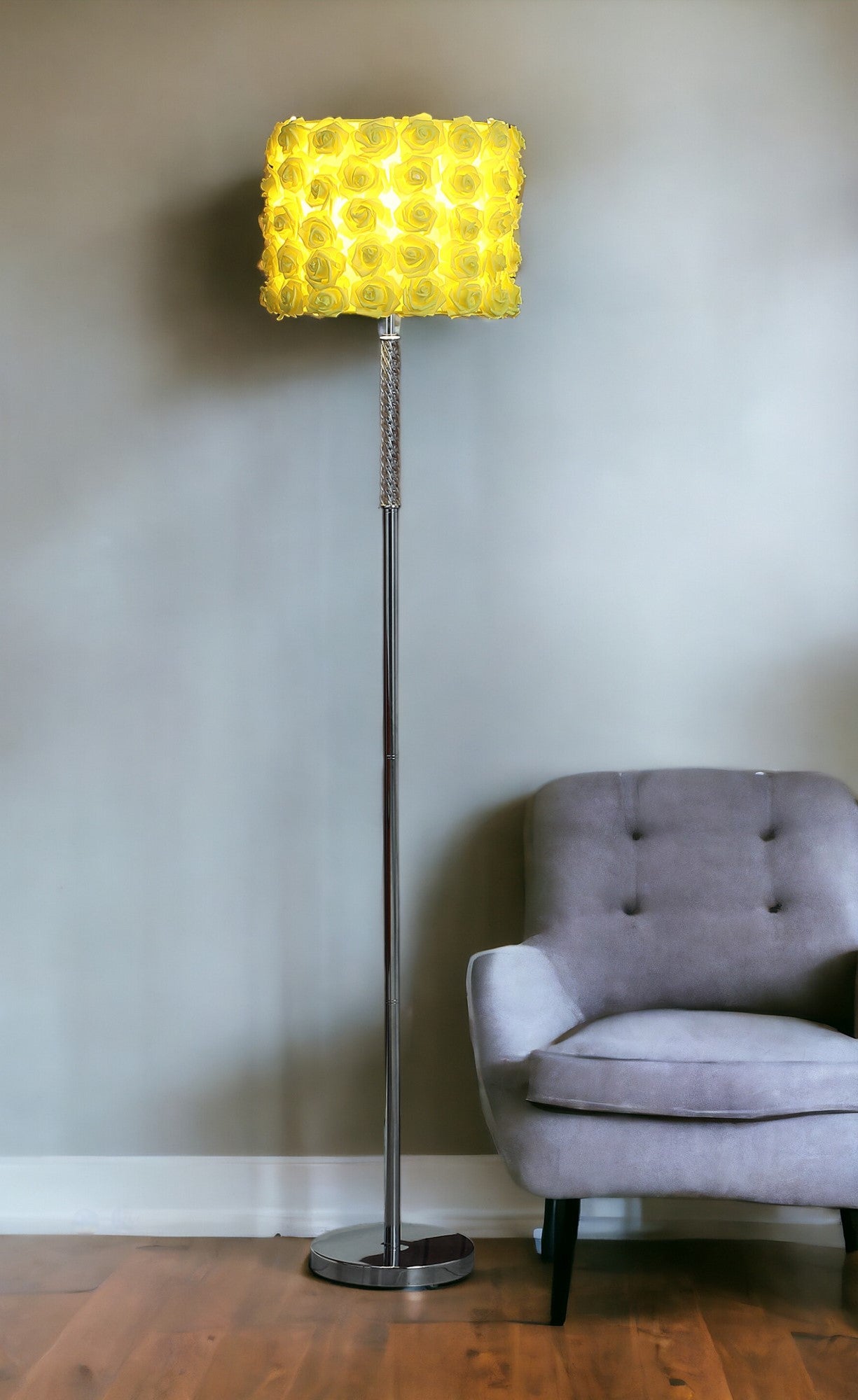 63" Steel and Acrylic Floor Lamp With Purple Flowers Fabric Drum Shade