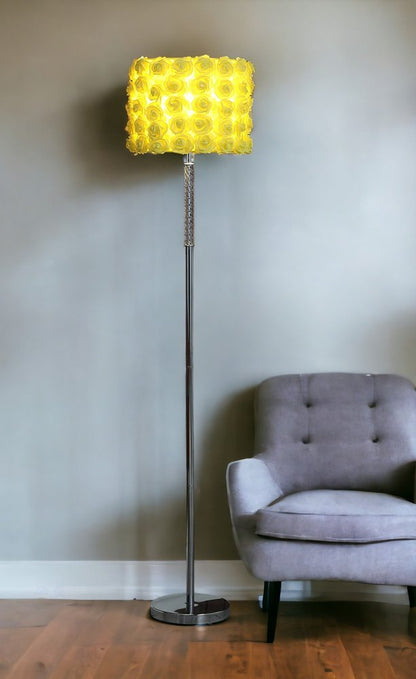 63" Steel and Acrylic Floor Lamp With Yellow Flowers Fabric Drum Shade HomeRoots