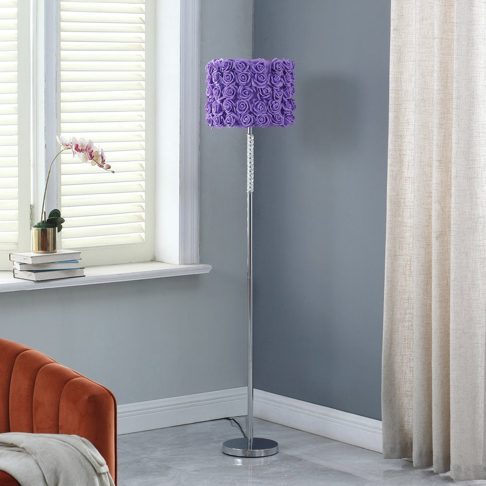 63" Steel and Acrylic Floor Lamp With Yellow Flowers Fabric Drum Shade HomeRoots
