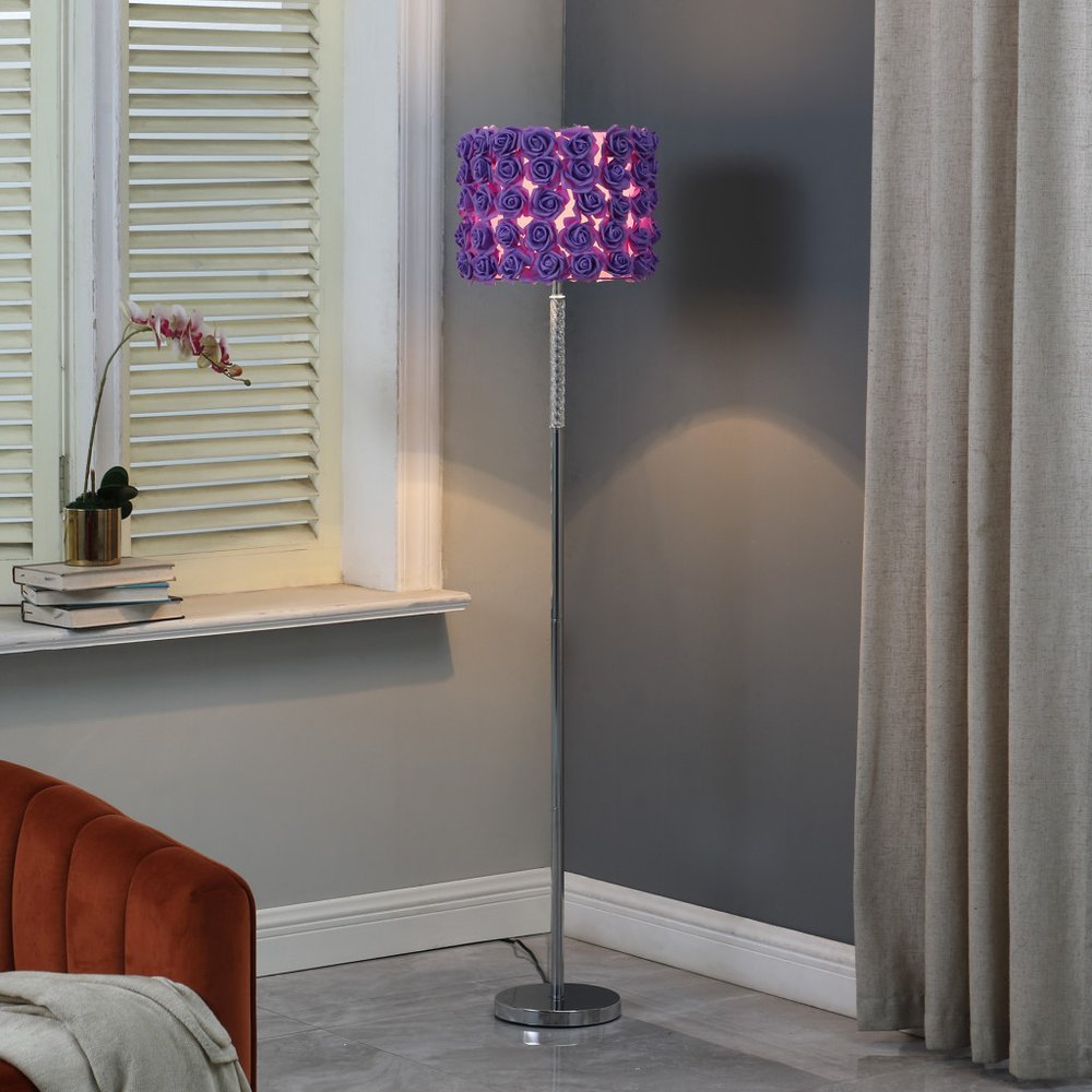 63" Steel and Acrylic Floor Lamp With Yellow Flowers Fabric Drum Shade HomeRoots