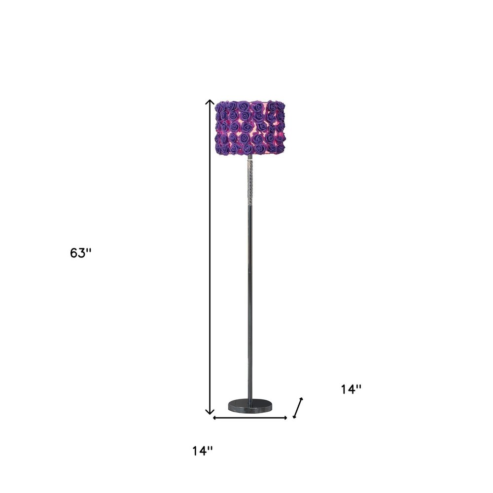 63" Steel and Acrylic Floor Lamp With Purple Flowers Fabric Drum Shade HomeRoots
