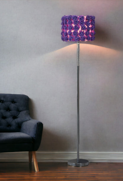 63" Steel and Acrylic Floor Lamp With Purple Flowers Fabric Drum Shade