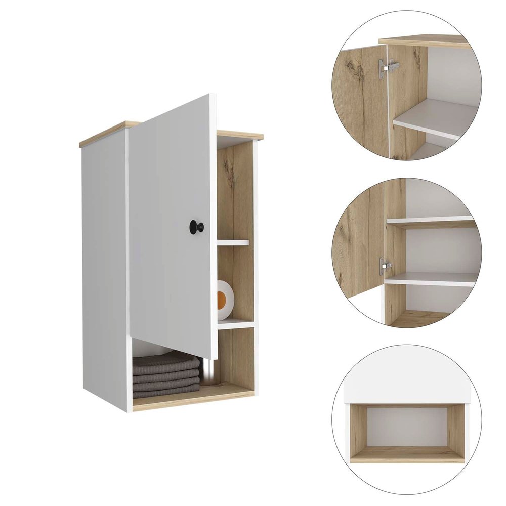 16" Light Oak And White Wall Mounted Cabinet With Three Shelves HomeRoots