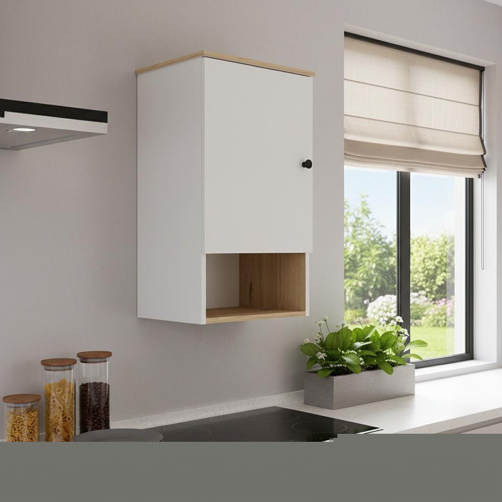 16" Light Oak And White Wall Mounted Cabinet With Three Shelves HomeRoots