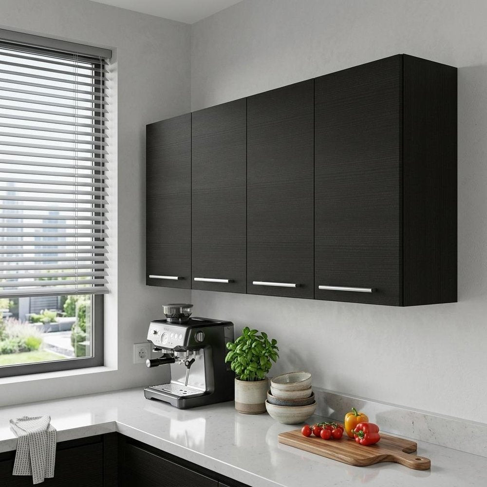 47" Black Wood Wall Mounted Accent Cabinet With Four Doors HomeRoots
