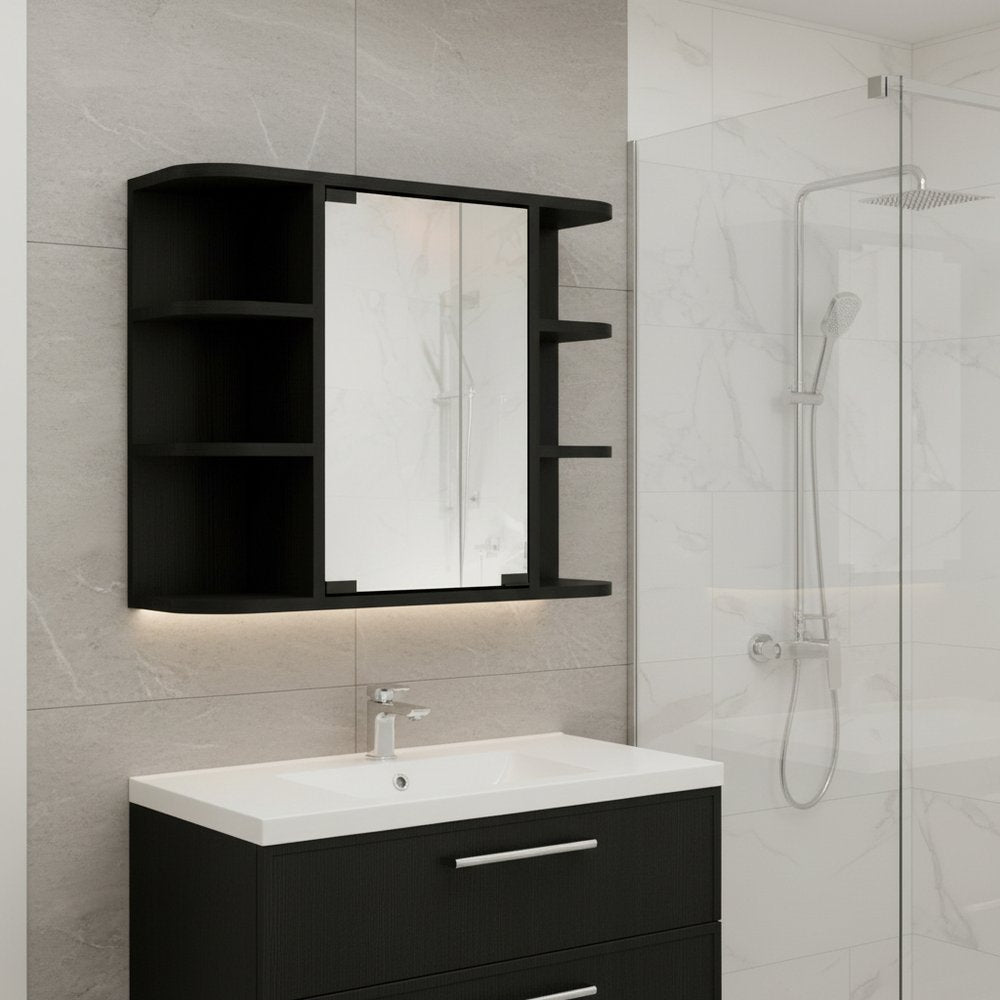 24" Black Wood Floating Double Door Bathroom Vanity And Medicine Cabinet With Mirror HomeRoots