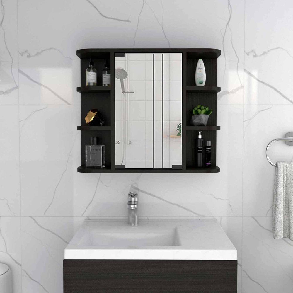 24" Black Wood Floating Double Door Bathroom Vanity And Medicine Cabinet With Mirror — view 1