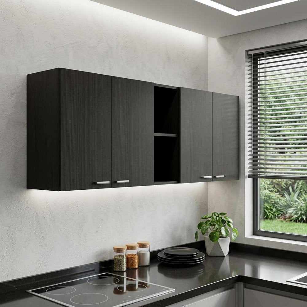 59" Black Wood Wall mounted Accent Cabinet With Five Shelves HomeRoots