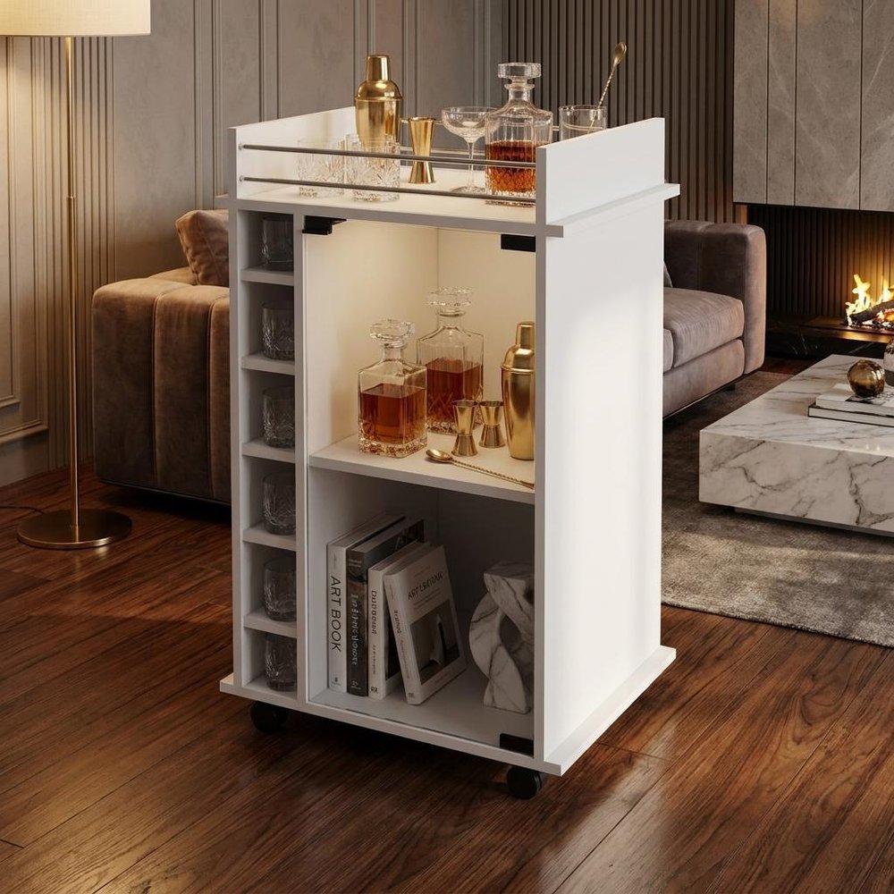 White Rolling Bar Cart With Wine Storage HomeRoots