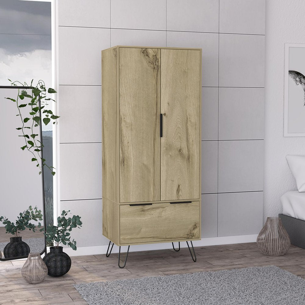 74" Oak Wood Two Door Single Drawer Combo Dresser HomeRoots