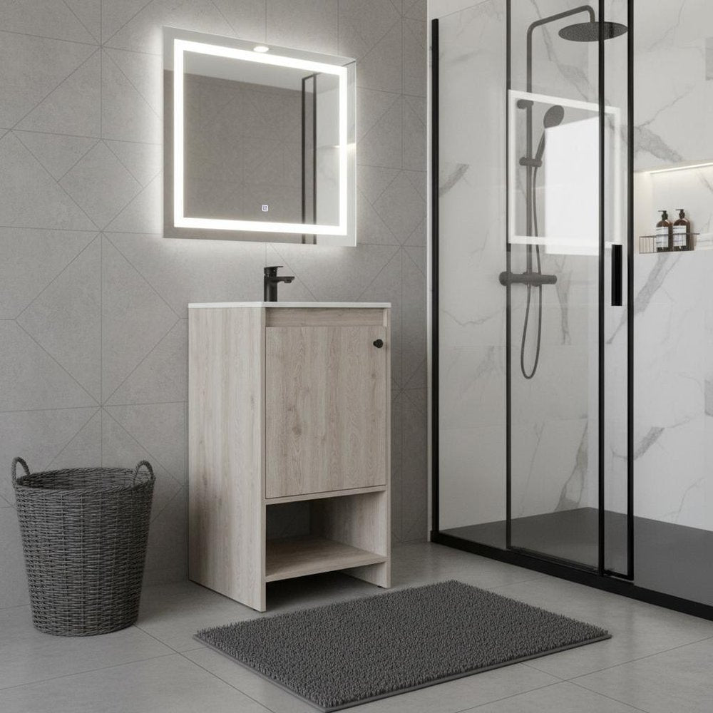 18" Light Gray Wood Freestanding Single Door Bathroom Vanity With White Sink — view 2