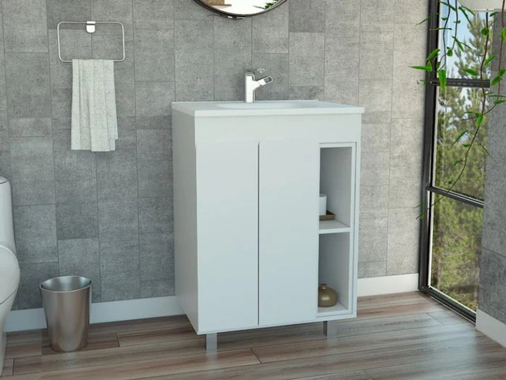 24" White Wood Freestanding Double Door Bathroom Vanity With Sink HomeRoots