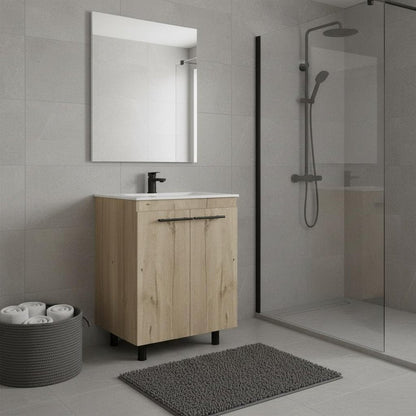 24" Oak Wood Freestanding Double Door Bathroom Vanity With White Sink HomeRoots