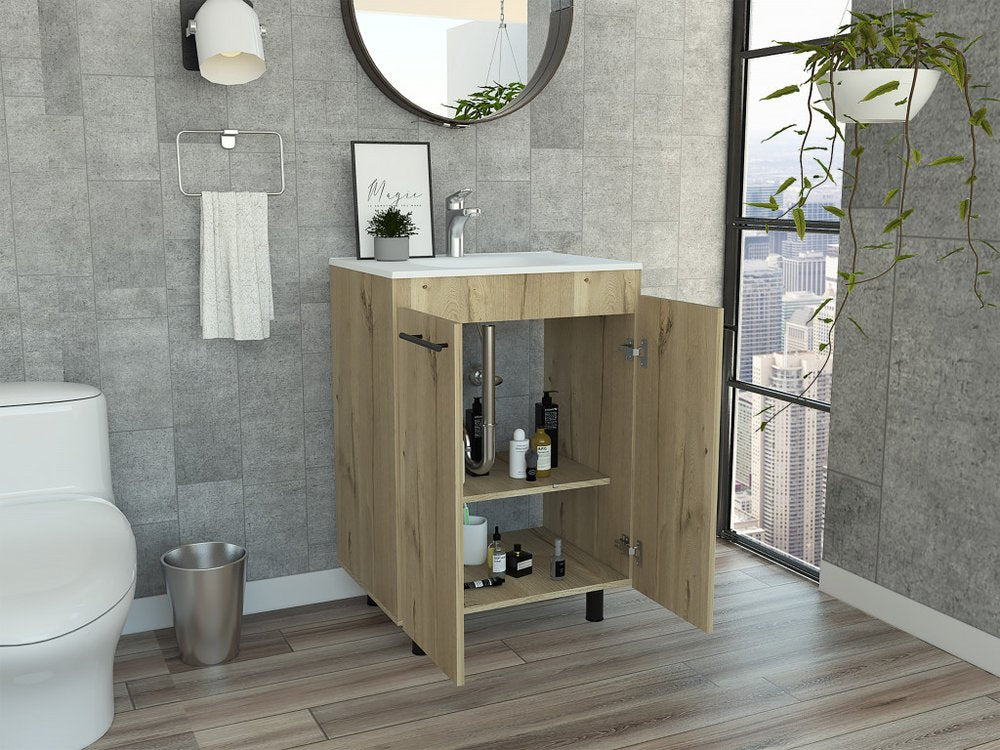 24" Oak Wood Freestanding Double Door Bathroom Vanity With White Sink HomeRoots
