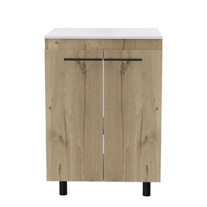 24" Oak Wood Freestanding Double Door Bathroom Vanity With White Sink HomeRoots