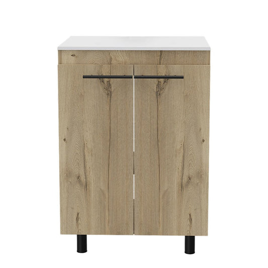 24" Oak Wood Freestanding Double Door Bathroom Vanity With White Sink HomeRoots