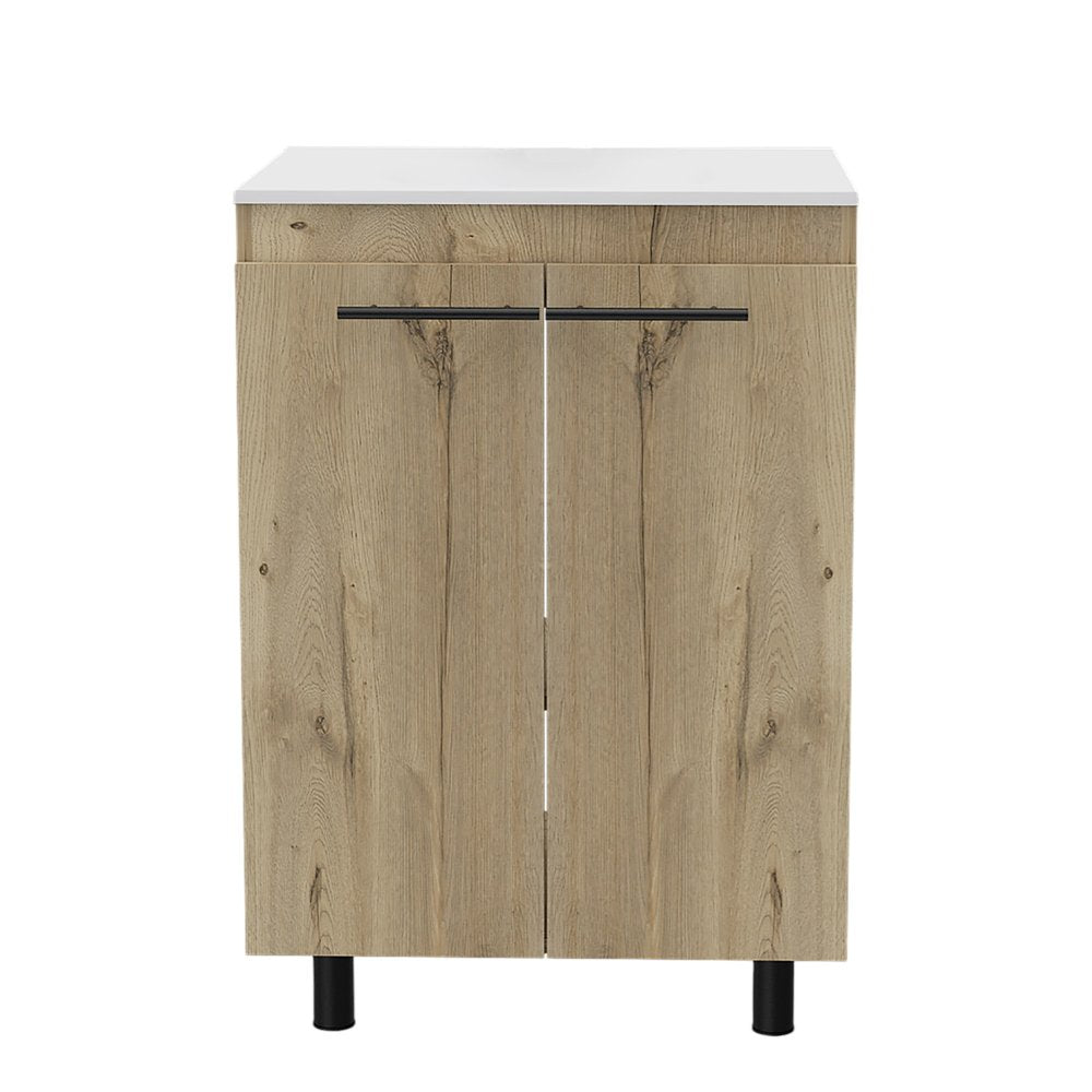 24" Oak Wood Freestanding Double Door Bathroom Vanity With White Sink HomeRoots