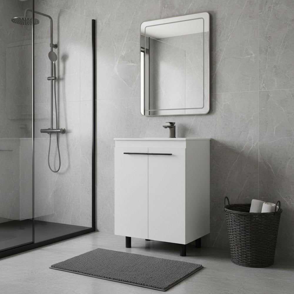 24" White Wood Freestanding Double Door Bathroom Vanity With Sink HomeRoots