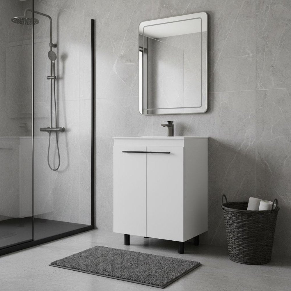 24" White Wood Freestanding Double Door Bathroom Vanity With Sink HomeRoots