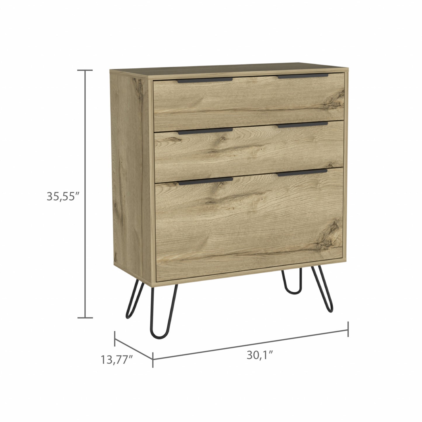 30" Light Oak Manufactured Wood Three Drawer Dresser