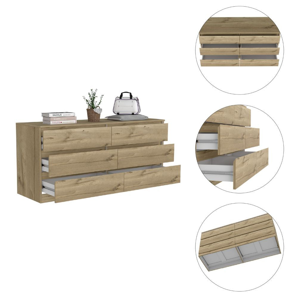 60" Light Oak And White Manufactured Wood Six Drawer Double Dresser