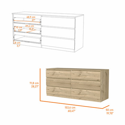 60" Light Oak And White Manufactured Wood Six Drawer Double Dresser