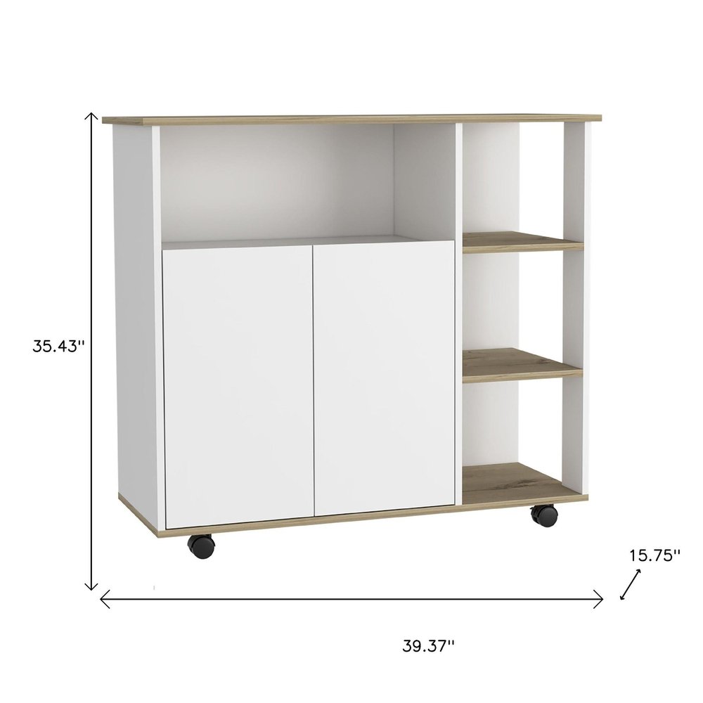 39" Oak and White Wood Rolling Kitchen Island With Storage HomeRoots