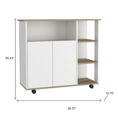 39" Oak and White Wood Rolling Kitchen Island With Storage HomeRoots