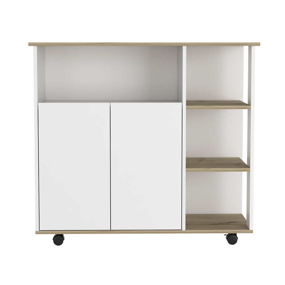 39" Oak and White Wood Rolling Kitchen Island With Storage — view 3