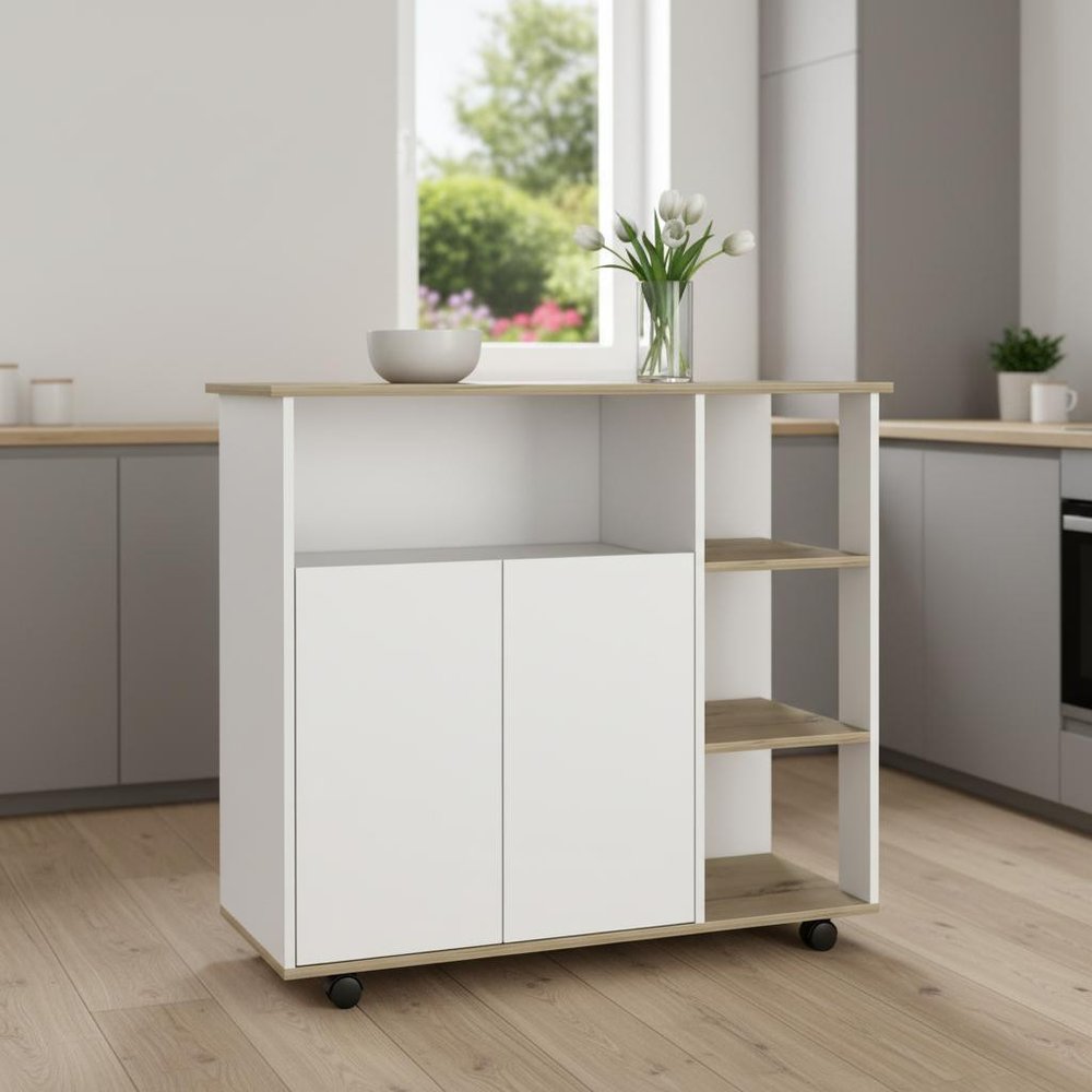 39" Oak and White Wood Rolling Kitchen Island With Storage — view 1