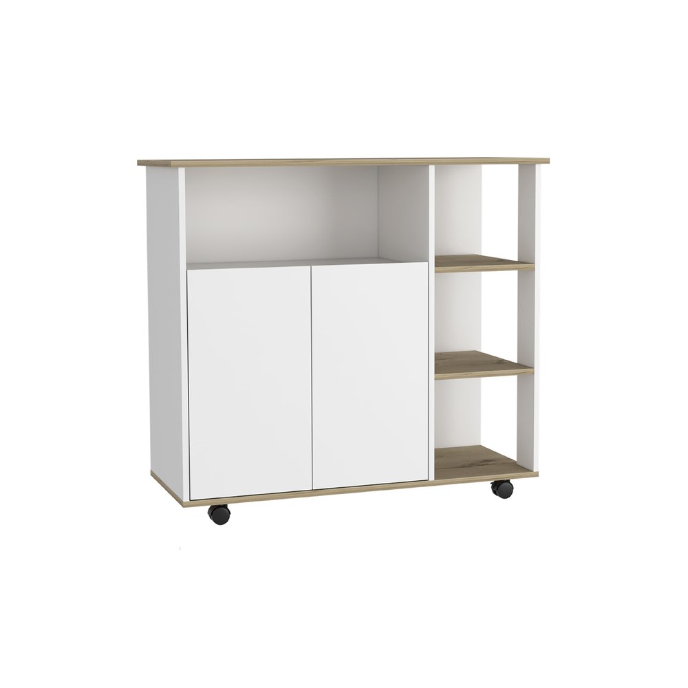 39" Oak and White Wood Rolling Kitchen Island With Storage — view 2