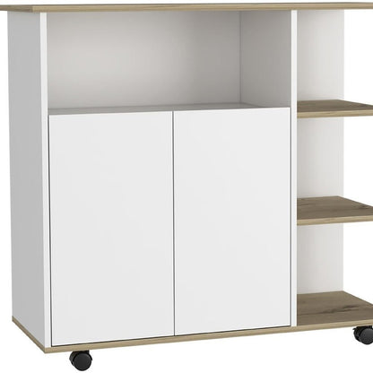 39" Oak and White Wood Rolling Kitchen Island With Storage HomeRoots
